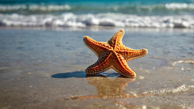 starfish and seashell on the summer beach in sea water.
 - Powered by Adobe