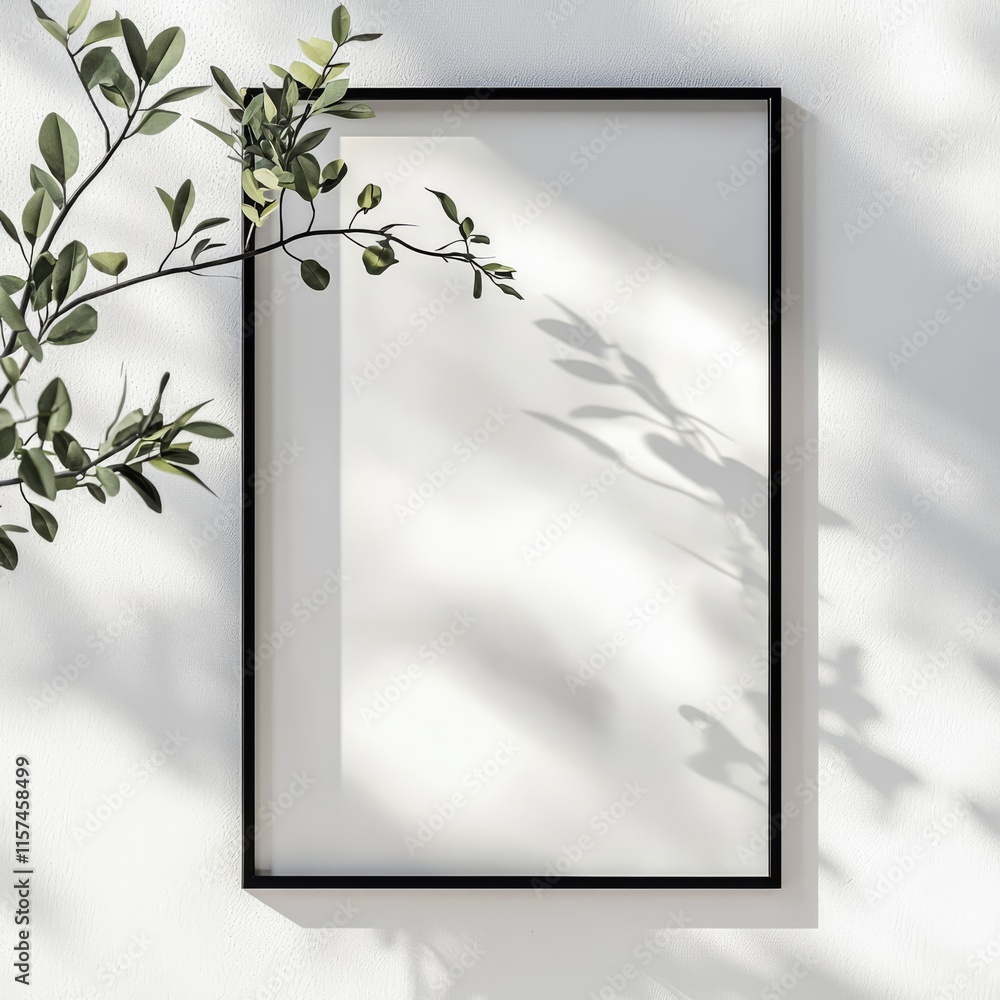 Poster blank frame mockup with greenery: a minimalist mockup featuring a black rectangular frame leaning ag