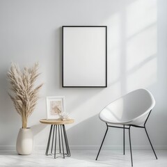 Minimalist Living Room Mockup: A blank black frame hangs above a side table adorned with pampas grass and a small framed artwork, inviting you to envision your design.