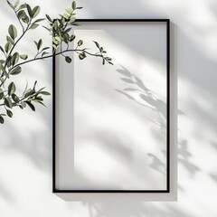 Blank Frame Mockup with Greenery:  A minimalist mockup featuring a black rectangular frame leaning against a wall, adorned by a delicate sprig of greenery casting dappled shadows.