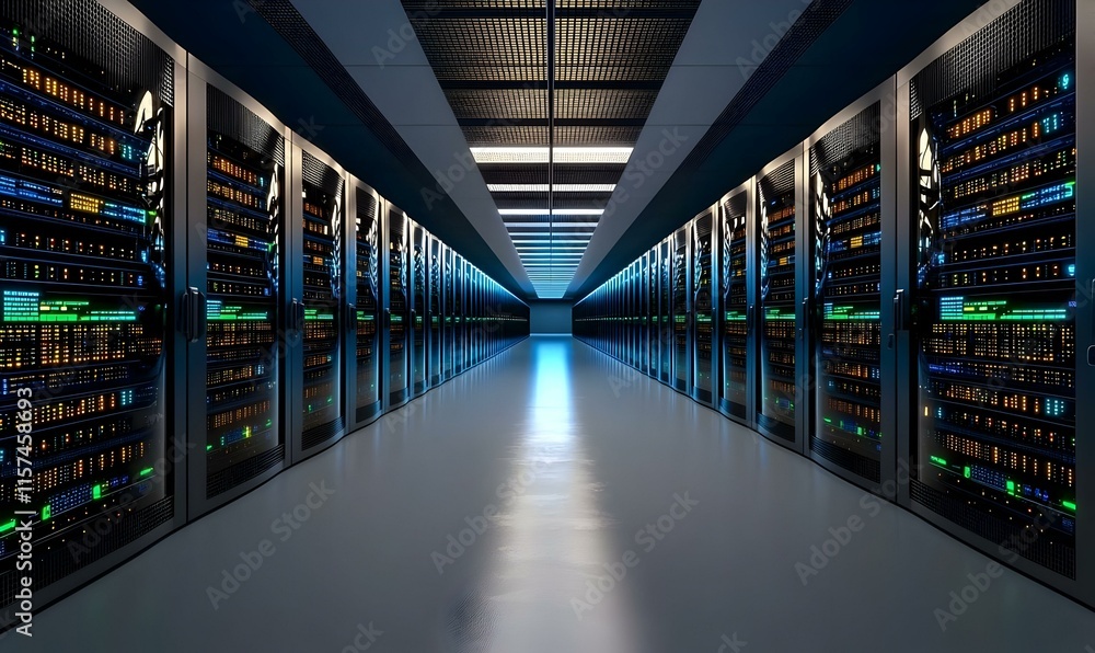 Poster modern data center infrastructure with rows of data servers