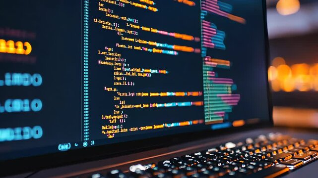Close-up of computer screen displaying colorful code lines with blurred background
