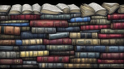 A wall of antique books, open and closed, stacked high.