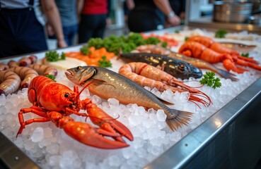 Fresh fish, seafood assortment displayed on ice. Lobster, octopus delicacies available for sale. Healthy mediterranean diet ingredients. Variety of fish like salmon, shrimp. High quality seafood.