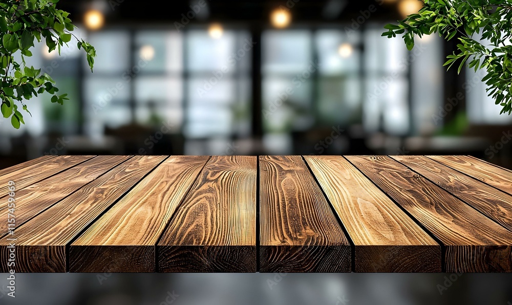 Poster wooden table surface in an empty space with blurred background