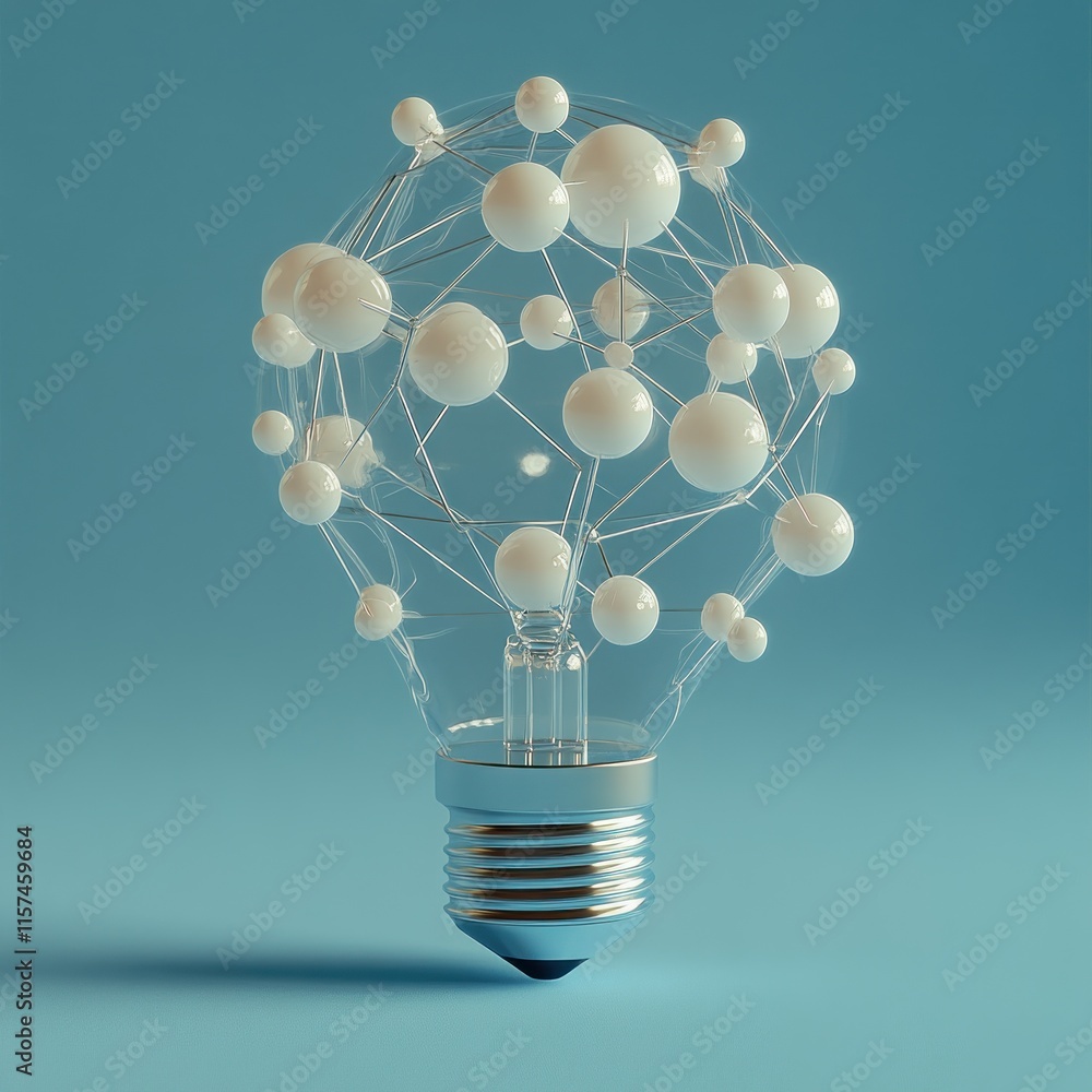 Poster abstract lightbulb with interconnected spheres, symbolizing innovation and network.