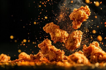 Crispy fried chicken pieces flying in air with golden spices, capturing the essence of delicious fast food, culinary delights, and appetizing restaurant meals.