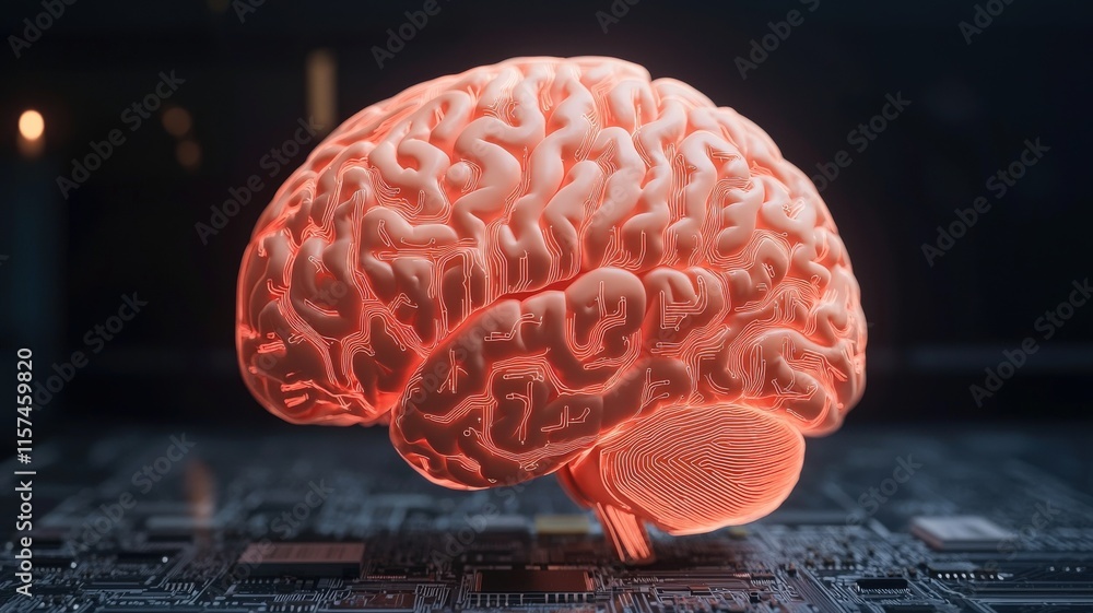 Poster knowledge intelligence exchange concept. digital brain illuminated on a circuit board, symbolizing t