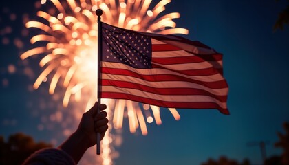 Person holds US flag. Fireworks explode in background. Celebration of American independence. Night sky. Patriotism. National pride. Event. Summer evening.