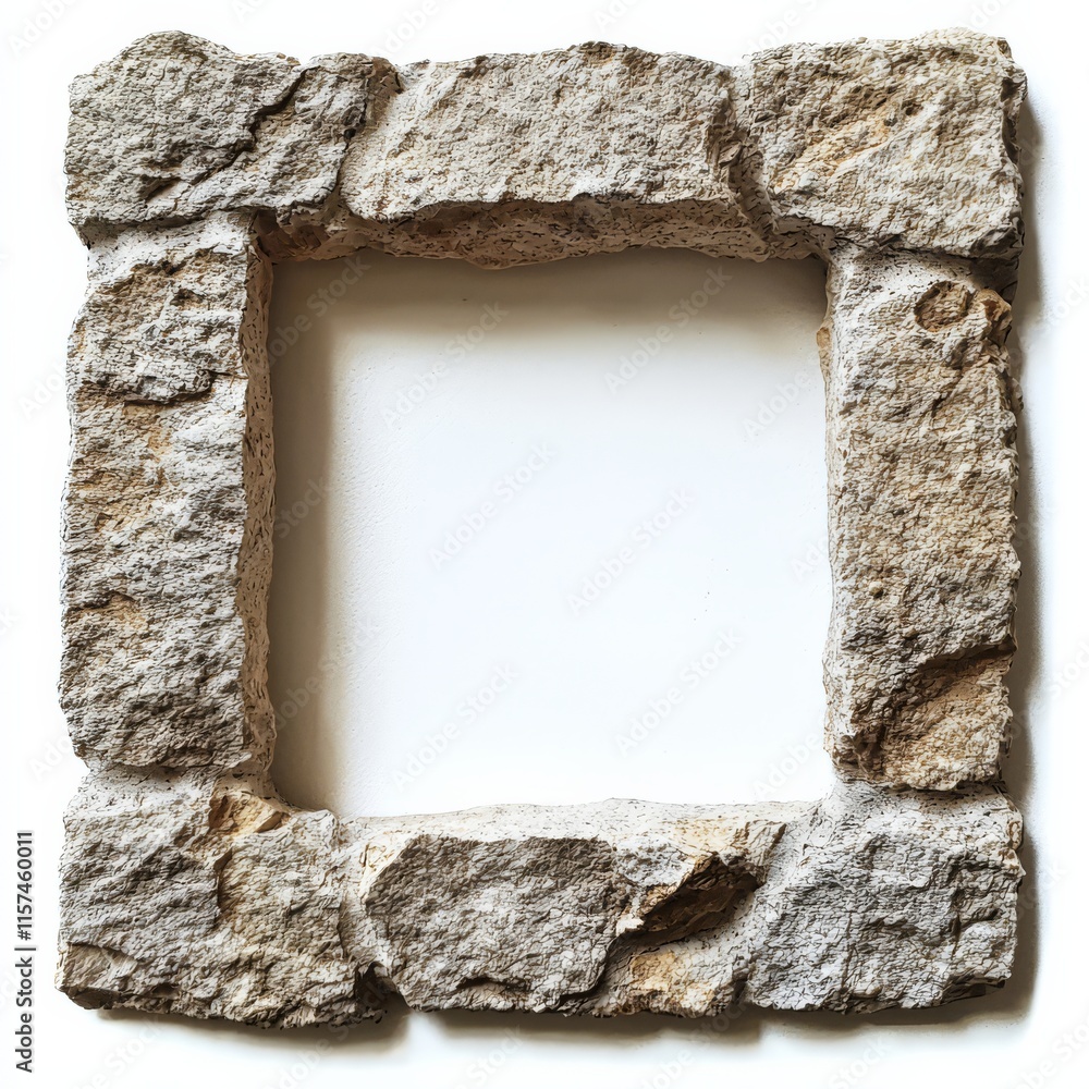 Aufkleber stone frame: a rustic, square-shaped frame crafted from rough-hewn stone, showcasing an empty center