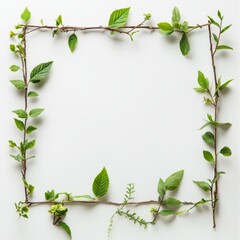Naklejka premium Green Frame of Nature: A square frame crafted from delicate twigs and vibrant green leaves, creating a natural border perfect for showcasing text or images.