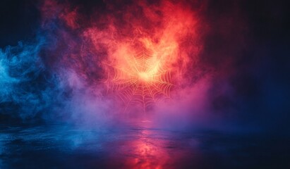 Fototapeta premium A colorful blend of red, blue, and purple smoke creating a glowing, mysterious atmosphere, with a central glowing design in the fog.