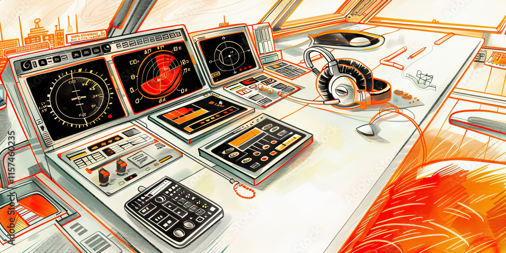 Poster ship's bridge control panel instrumentation and navigation displays