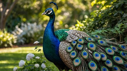 Obraz premium Majestic Peacock in a Garden Setting