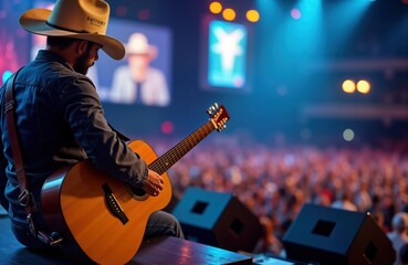 Naklejka premium Man plays acoustic guitar on stage at country music festival. Large crowd of people enjoys live music. Cowboy hat, boots visible. Lively, cultural event. Musical atmosphere filled with country music.