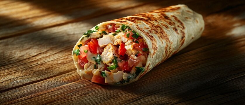 Delicious burrito wrapped in a tortilla with fresh vegetables, grilled chicken, and spices. Perfect for quick meals or healthy dining options. Tasty and vibrant!