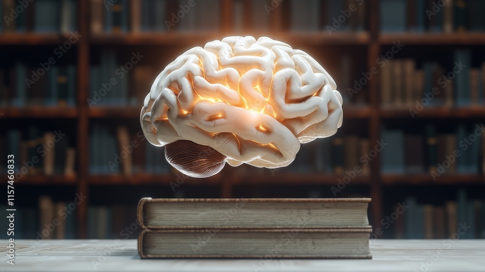 Poster knowledge intelligence exchange concept. a glowing brain hovers above stacked books in a library set