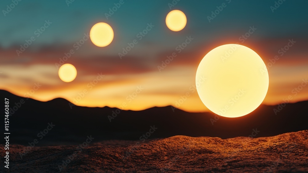 Poster knowledge intelligence exchange concept. a surreal landscape featuring multiple suns against a color