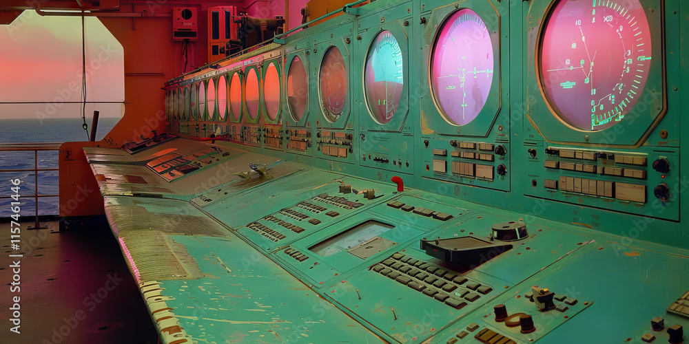 Poster Ship's Navigation and Control Panel with Ocean View