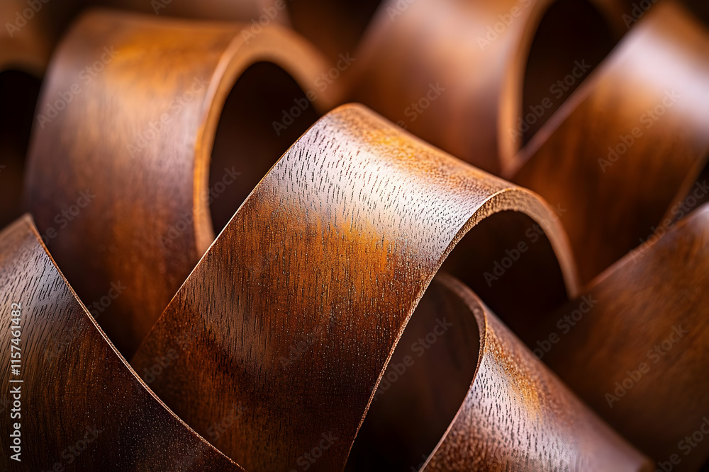 Poster abstract close-up of interwoven dark brown polished wooden strips, creating a complex textured patte