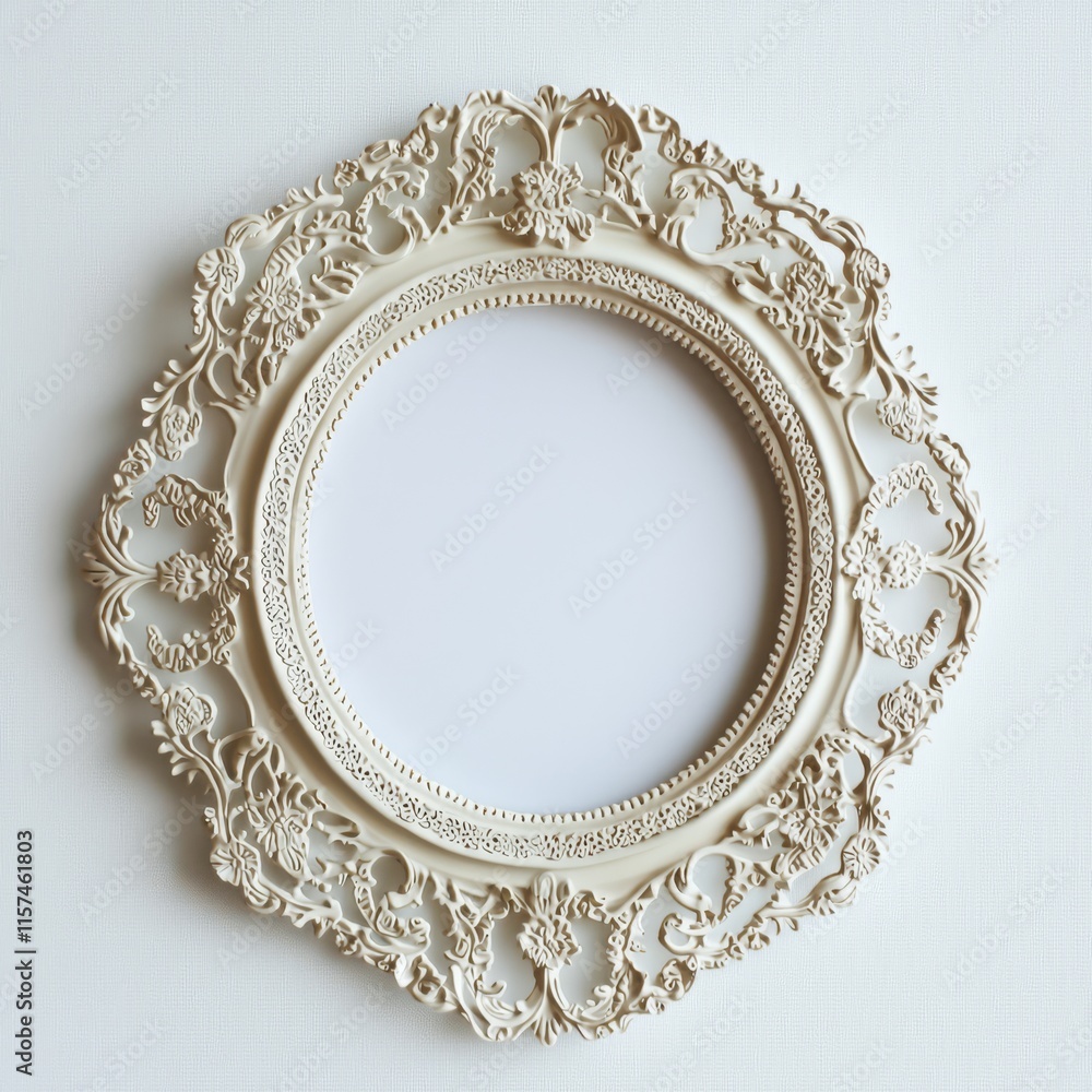 Poster elegant ornate frame: a classic, ornate round frame in off-white, showcasing intricate details and a