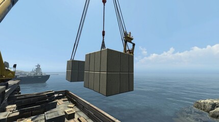 Crane lifting concrete blocks over calm water.