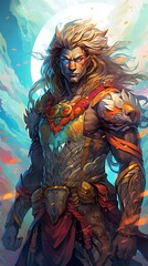 A powerful, mythical warrior with lion-like features stands confidently against a vibrant background.