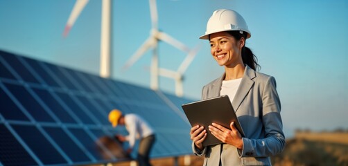 Female engineer oversees renewable energy project. Uses tablet to optimize solar panel, wind turbine installation. Colleague works on site. Modern eco tech project. Sustainable energy future. Clean