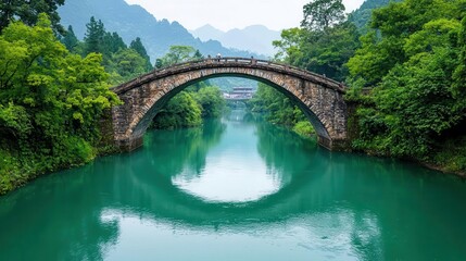 Fototapeta premium Multiarched brick bridge over a tranquil river, reflecting the rural village architecture nearby