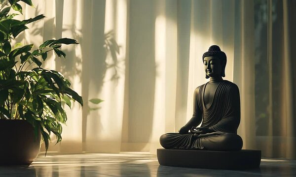 A serene Buddha statue in a softly lit room, surrounded by greenery, promoting tranquility.