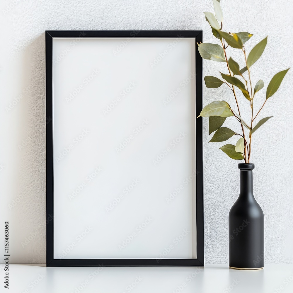 Poster blank frame with greenery: a minimalist setup featuring a sleek, empty frame with a dark border and 