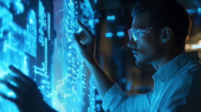 Man doing analysis with a glowing hologram chart in air.