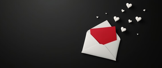 Fototapeta premium White envelope with red blank card and hearts on black background. Love letter. Valentine's day banner, Copy space.