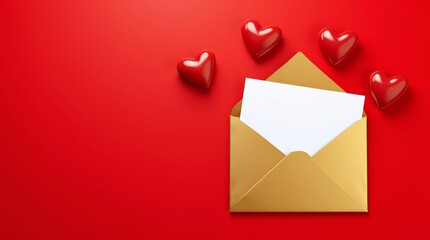 Golden envelope with blank card and hearts on red background. Love letter. Valentine's day theme, Copy space.