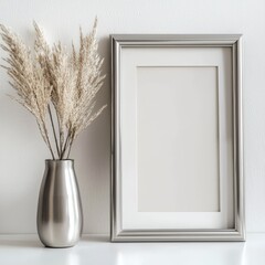  A sleek, silver vase holding dried pampas grass complements a simple, silver-framed picture mockup, ready for your design.  