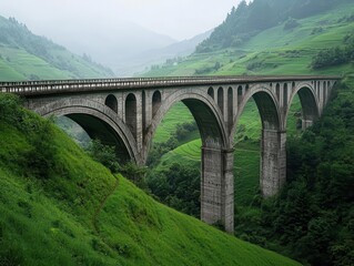 Modern concrete bridge with elegant curves, set in a lush green valley surrounded by rural farmlands