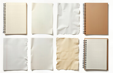 Collection of lined, blank paper pages, notebooks displayed isolated on white background. Different paper types, textures shown. Notebooks, pages with spiral binding. Pages torn. Various paper styles