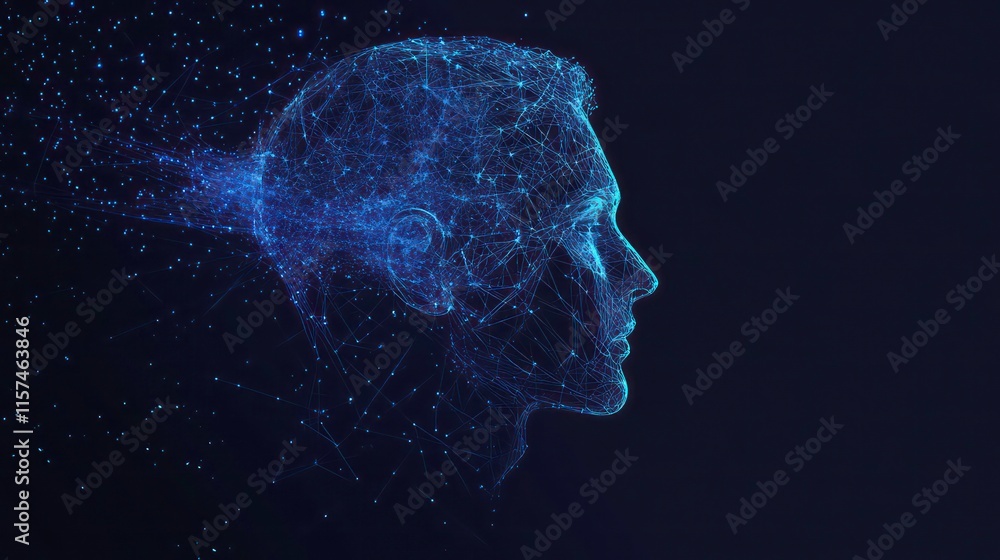 Poster abstract profile of a human head, made of glowing particles and lines, with data streams emanating f