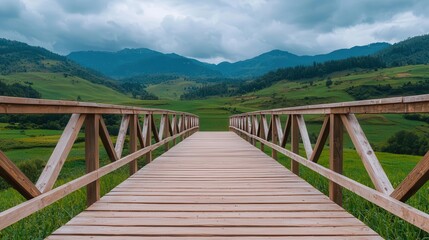 Fototapeta premium Multitiered wooden bridge connecting hillside farms, providing scenic views of the surrounding rural valley