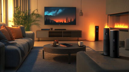A cozy living room with integrated smart home devices creating a modern living experience