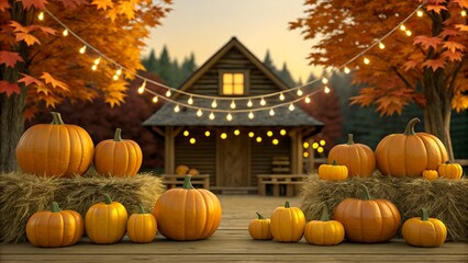Rustic Autumn Pumpkin Display with Warm Lighting