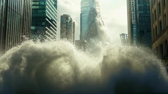 Dramatic illustration of a tidal wave hitting a city street with cars amidst the chaos