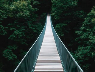 Suspension bridge made of wooden planks, swaying gently over a quiet rural ravine surrounded by greenery