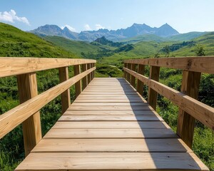 Fototapeta premium High wooden bridge crossing a deep ravine in a mountainous rural landscape with distant peaks