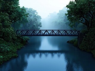 Fototapeta premium Rustic iron bridge crossing a misty river in a forested rural setting, with dense trees and wildlife