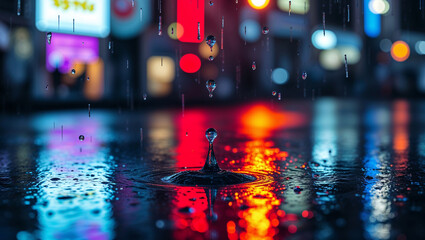 Raindrops falling on wet pavement at night reflecting city lights
