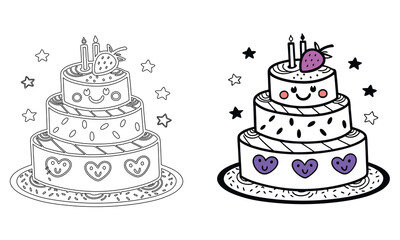 Line Drawing Birthday Cake Set Illustration.Colored And Line Drawing Bitrhday Cake Illustration