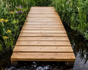 Rustic plank bridge crossing a bubbling creek, with wildflowers and tall grasses lining the banks