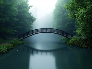 Fototapeta premium Rustic iron bridge crossing a misty river in a forested rural setting, with dense trees and wildlife