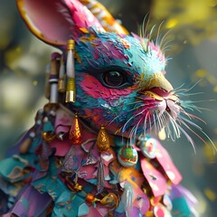 Obraz premium Colorful and artistic bunny character adorned with vibrant decorations and unique textures, whimsical background 